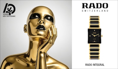 Image of Rado Integral watch with gold statue. Rado Switzerland. Tap to shop image