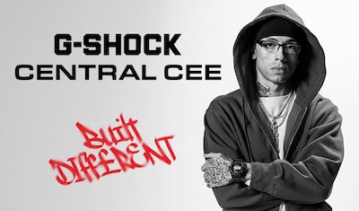 Promotional image featuring Central Cee wearing a hoodie and displaying a G-SHOCK watch, with "BUILT DIFFERENT" graffiti in red. image