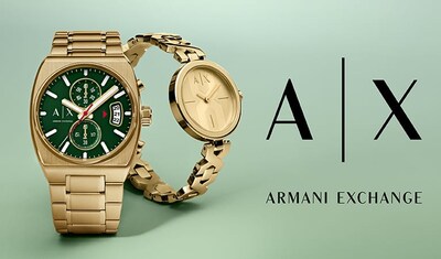 Hero Banner of a stylish collection of gold watches from Armani Exchange, accompanied by the brand logo, set against a soft green background. image