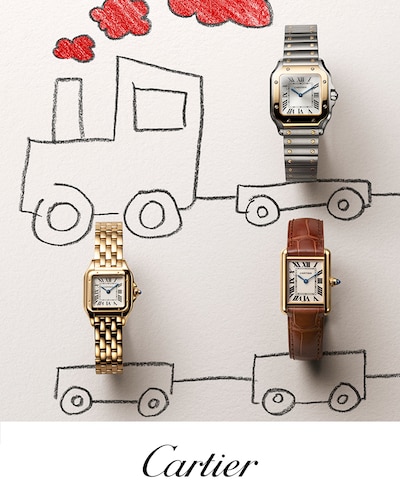 Cartier Santos, Panthère and Tank LC watches displayed against a hand-drawn illustration of a train, with red clouds above. image
