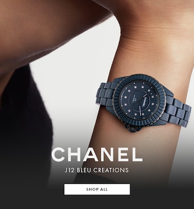Woman wearing Chanel J12 Bleu watch with text in the middle - J12 Bleu Creations - Shop All image
