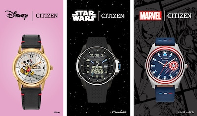 Citizen Banner with Three themed Citizen watches: Disney featuring Mickey Mouse, Star Wars with a Stormtrooper design, and Marvel showcasing Spider-Man. image