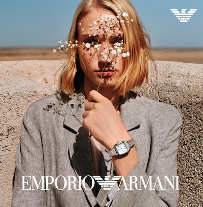 Image of lady wearing Emporio Armani watch with Emporio Armani logo image