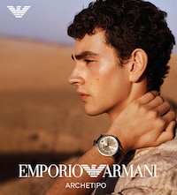 Image of man wearing Emporio Armani watch with Emporio Armani logo with text Archetipo image