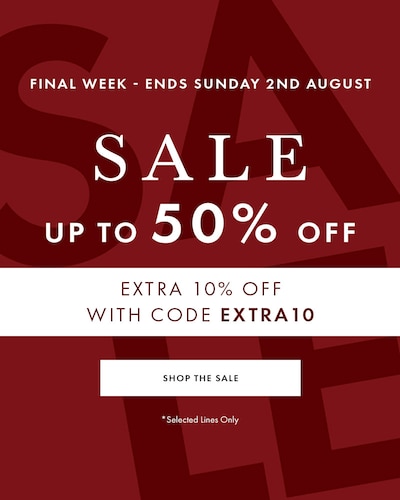 Red sale banner. Sale - Up to 50% off selected lines only. Final week ends Sunday 2nd August. Tap to shop the sale image
