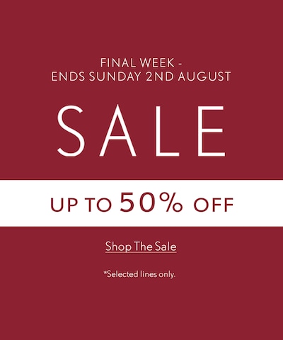 Red sale banner. Sale - Up to 50% off selected lines only. Final week ends Sunday 2nd August. Tap to shop the pre sale image