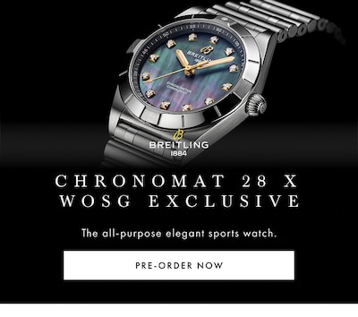 Banner with Breitling Ladies Chronomat 28MM Vietnam Mother of Pearl with Gold Hands and Markers and text Chronomat 28 x WOSG Exclusive - The all-purpose elegant sports watch - Pre-order Now image