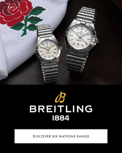 Image of Breitling Chronomat GMT Six Nations England Limited Edition Mens & Ladies watch with Breitling logo and text Discover Six Nations Range. image