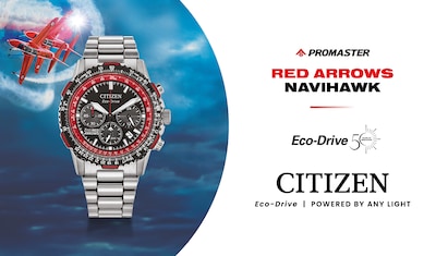 Citizen banner with Image of watch with red arrow and text Promaster, Red Arrows Havihawk - Eco-Drive 50 years of innovation - Citizen Eco-Drive - Powered by Any Light image