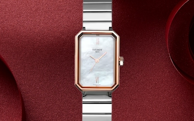 Tissot SRV Watch Image with festive burgandy background image