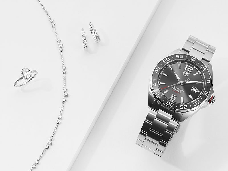TAG Heuer watch with grey dial with diamond necklace, earrings and ring image