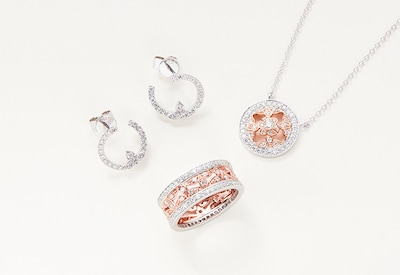 Mappin & Webb jewellery image flatlay with diamond earrings, necklace and ring image