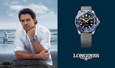 Image of Henry Cavill with Hydroconquest watch with text Elegance is an attitude and Longines logo image