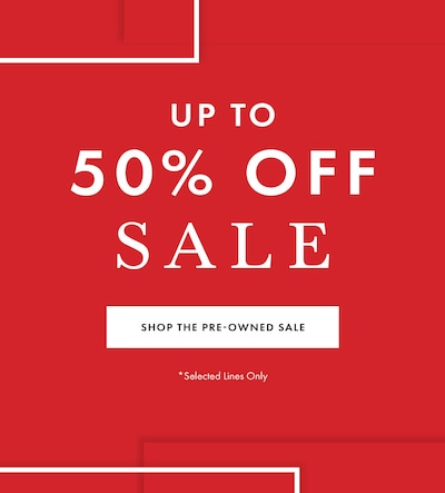 Red sale banner with reads Up to 50% off pre-owned watches - selected lines only image