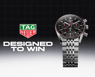 TAG Heuer Logo with text Designed To Win and TAG Heuer watch on the right. image