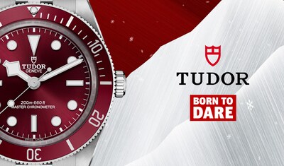 A festive banner with Tudor Black Bay 58 watch with Tudor and Born to Dare logo image