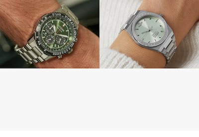 Image of Citizen khaki Promaster watch and Vivienne Westwood light green watch. Mens & Ladies watches under £500. Tap to shop image
