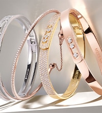 Messika campaign imagery and bracelets on brand background. Tap to shop Messika Paris Bracelets image