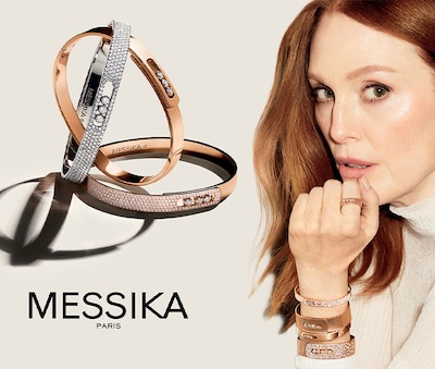 Messika campaign imagery and bangles on brand banner. Tap to shop Messika Paris image