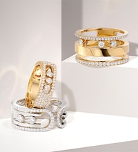 Messika campaign imagery and rings on brand background. Tap to shop Messika Paris Rings image
