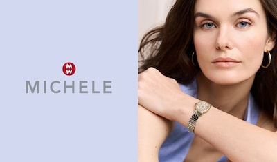 Michele logo in the center, and a woman on the right wearing the same watch. image