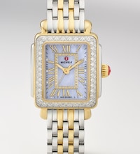 Gold and silver two-tone Michele wristwatch with diamond bezel, Roman numerals, and a rectangular mother-of-pearl dial. image