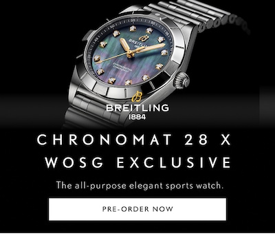 Banner with Breitling Ladies Chronomat 28MM Vietnam Mother of Pearl with Gold Hands and Markers and text Chronomat 28 x WOSG Exclusive - The all-purpose elegant sports watch - Pre-order Now image