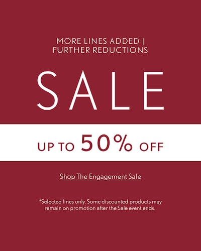 Red sale banner which reads Up to 50% off Engagement rings - selected lines only. More lines added and further reductions image