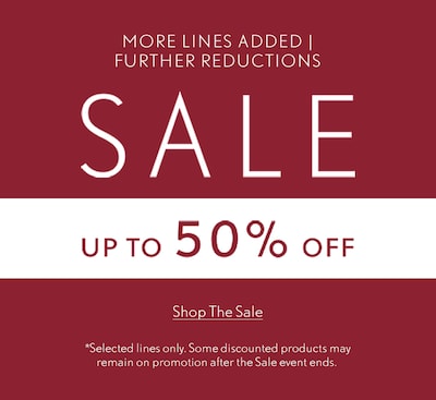 Red sale banner with reads Up to 50% off - selected lines only. Further Reductions with more lines added. image