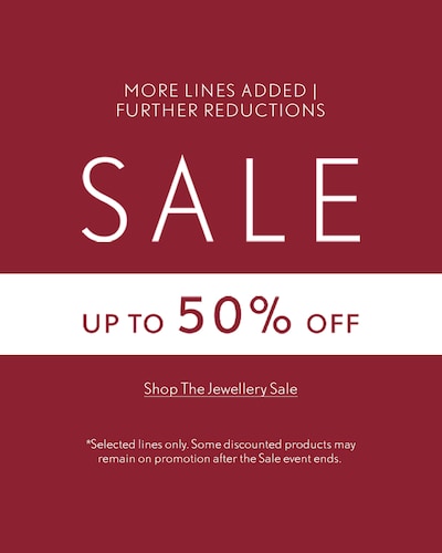 Red sale banner with reads Up to 50% off Jewellery - selected lines only. More lines added and further reductions. image