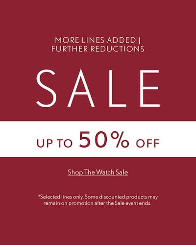 Red sale banner with reads Up to 50% off watches - selected lines only. Further reductions with more lines added image