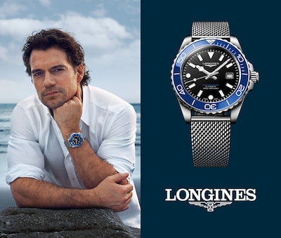 Image of Henry Cavill with Hydroconquest watch with text Elegance is an attitude and Longines logo. image