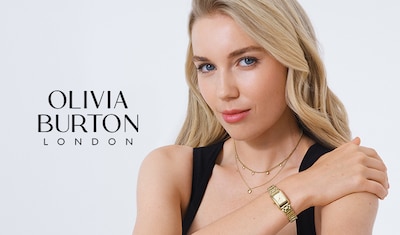 Olivia Burton Watches with Brand Logo in the middle and lady wearing a watch. image