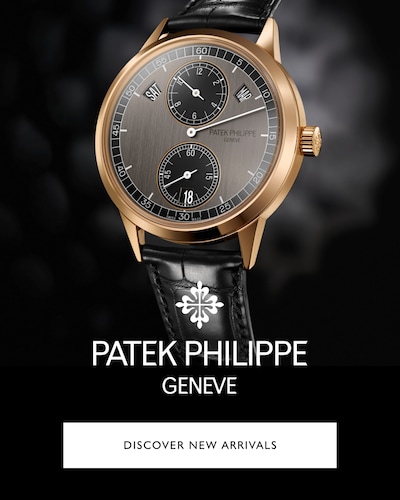 Image of Patek Philippe Watch and logo with text Discover New Arrivals image