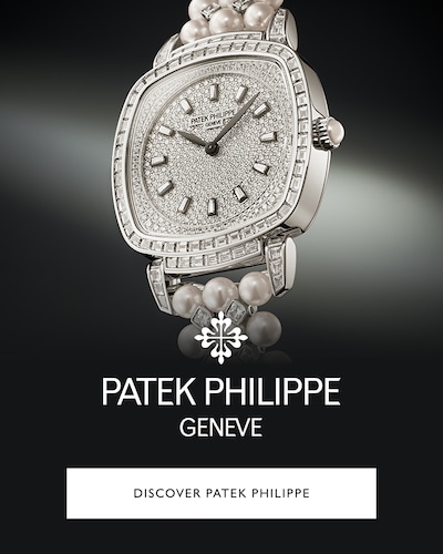 Image of Patek Philippe watch with logo and text Disvover Patek Philippe image