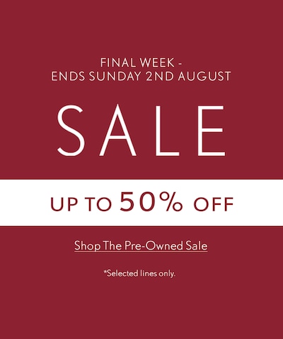 Red sale banner. Sale - Up to 50% off selected lines only. Final week ends Sunday 2nd August. Tap to shop the pre owned sale image