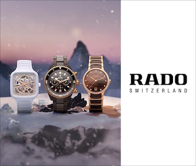 Three elegant Rado watches displayed in a snowy landscape, showcasing modern designs with a white, black, and rose gold finish watches. image