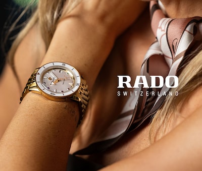 Rado Watch banner with lady wearing white dial watch with Rado logo on the right image