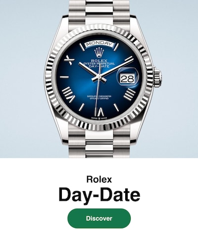 Image of Rolex Day-Date watch with text Rolex Day-Date Discover image