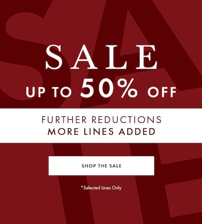 Red sale banner with reads Up to 50% off Sale - selected lines only. Further reductions and more lines added image