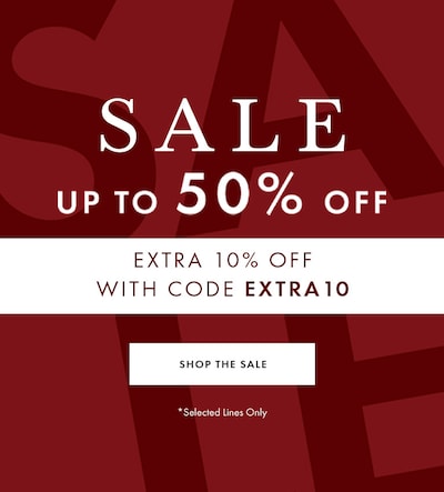 Red sale banner with reads Up to 50% off Sale- selected lines only. Extra 10% off with code EXTRA10. image