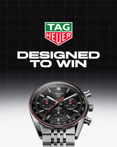TAG Heuer banner with logo, Designed to Win text and featuring Carerra watch image