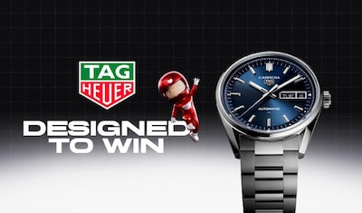 A TAG Heuer Carrera watch with a blue dial, accompanied by playful red characters, emphasizing the slogan "Designed to Win." image