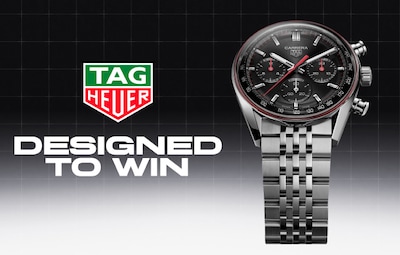 Tag Heuer Carrera Glassbox watch banner with TAG Heuer logo and text Designed to Win image