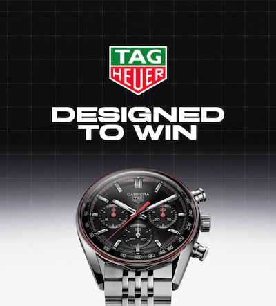 Tag Heuer Carrera Glassbox banner with TAG Heuer logo and text Designed to Win image