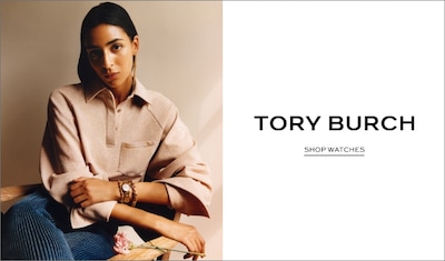 Tory Burch banner with image of female model wearing watch image