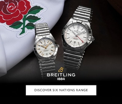 Image of Breitling Chronomat GMT Six Nations England Limited Edition Mens & Ladies watch with Breitling logo and text Discover Six Nations Range. image