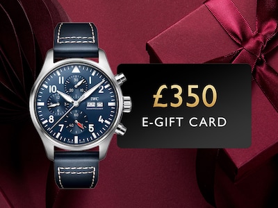 A IWC Pilot's Watch Chronograph 43mm watch image beside a black e-gift card worth £350. image