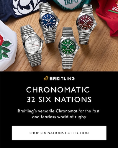 Four stylish Breitling Six Nations Chronomat 32 watches with text Chronomat 32 Six Nations - Breitling’s versatile chronomat for the
fast and fearless world of rugby. - Shop Six Nations Collection image