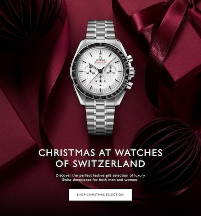 Christmas Banner with text - Christmas at Watches of Switzerland - Discover the perfect festive gift selection of luxury Swiss timepieces for both men and women. - Shop Christmas Selection image